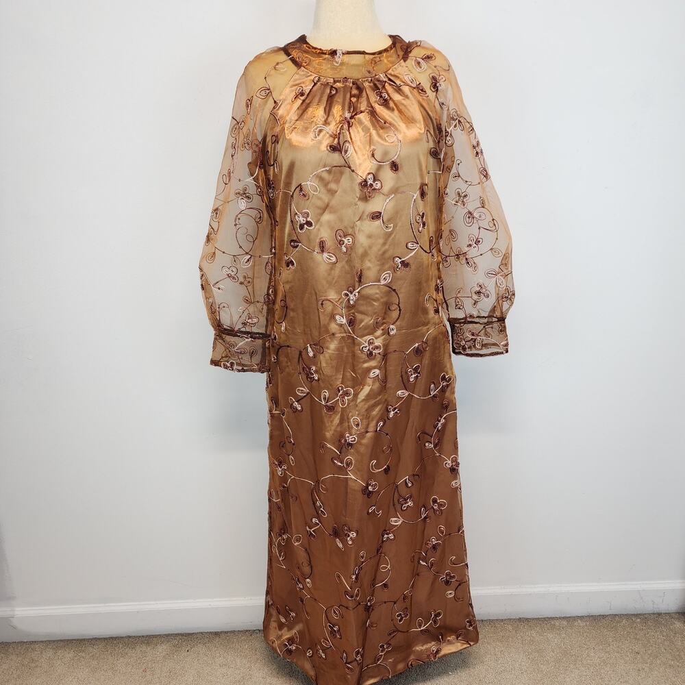 Embroidered Regency Floor Length Dress Size L Brown Damask Taffeta Sheer Whimsy
